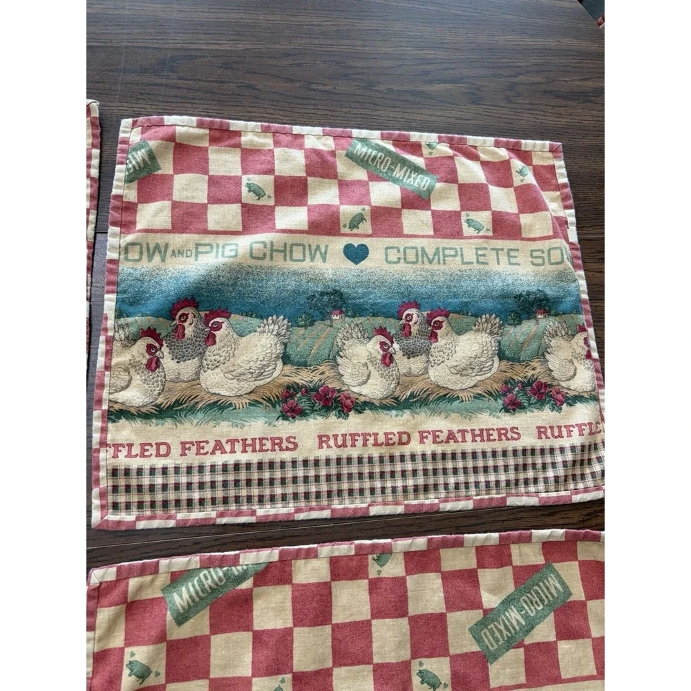 Vintage Feed Sack Style Farmhouse Placemats Set If 4 Rooster Bunny Cottagecore